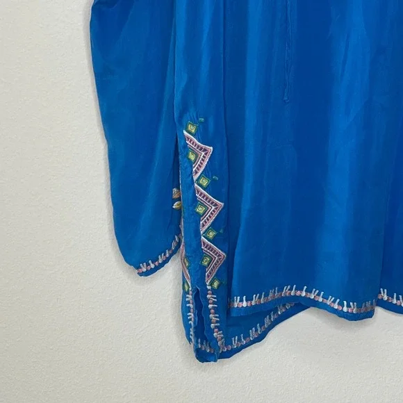 JOHNNY WAS Blue Embroidered Tunic Top Long Sleeve V Neck Floral Geometric - Picture 6 of 10